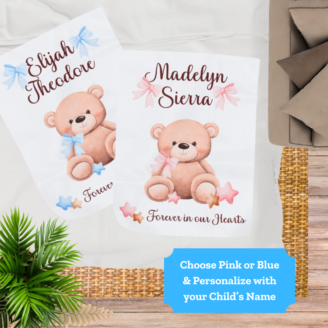 Teddy Bear Forever in our Hearts, Personalizable w/Name—Baby Loss Remembrance (minky velveteen blanket)