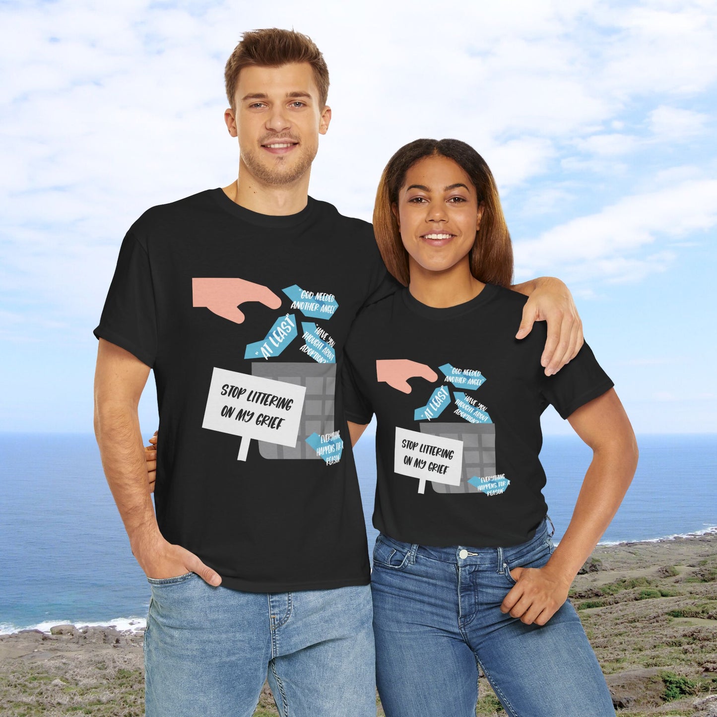 Platitudes in the Trash, Stop Littering on my Grief—Grief Awareness and Education (unisex t-shirt)