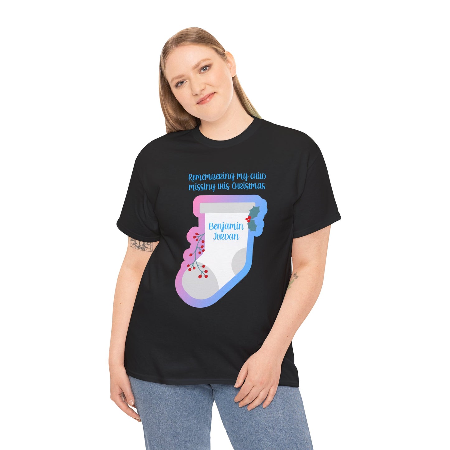 White Stocking Remembering my Child this Christmas; Personalize w/Name—Baby Loss Remembrance (unisex t-shirt)