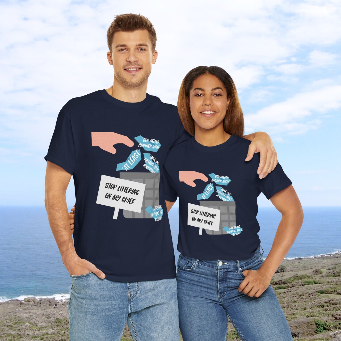 Platitudes in the Trash, Stop Littering on my Grief—Grief Awareness and Education (unisex t-shirt)