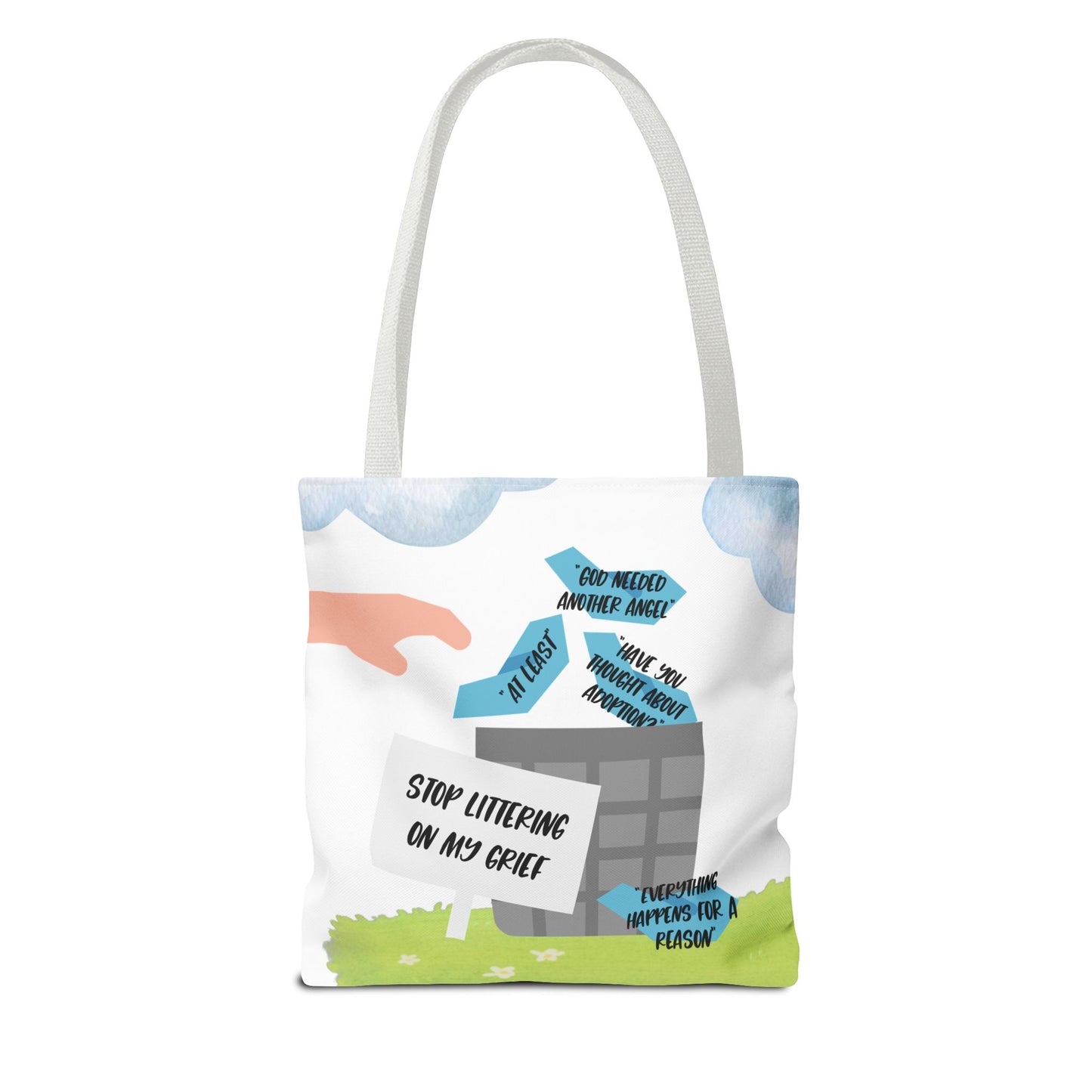 Platitudes in the Trash, Stop Littering on my Grief—Blunt, Sassy, Snarky Grief (poly tote bag)