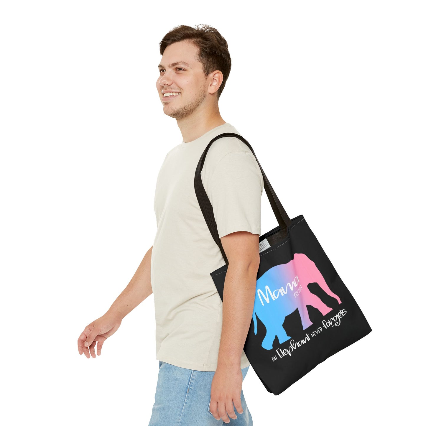 Mama/Papa Est Year Elephant Never Forgets—Baby Loss Remembrance (poly tote bag)