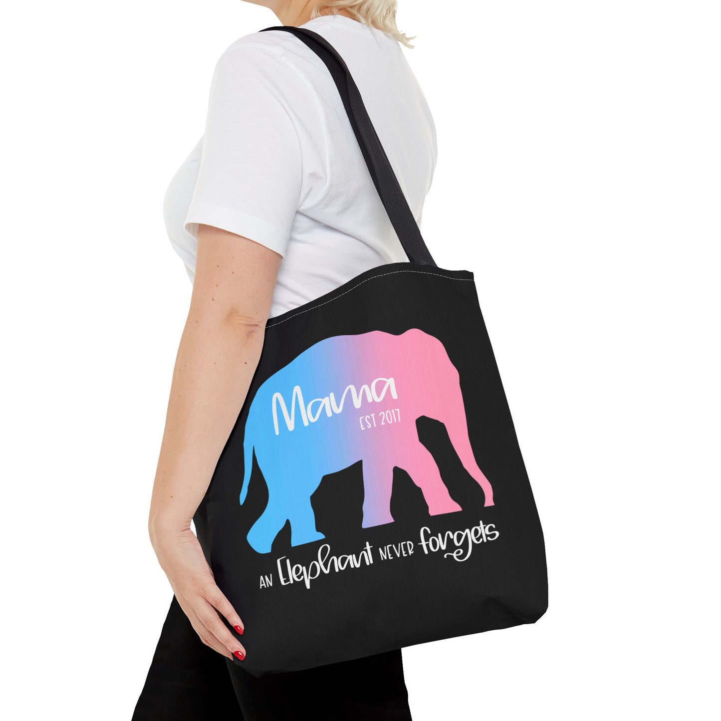 Mama/Papa Est Year Elephant Never Forgets—Baby Loss Remembrance (poly tote bag)