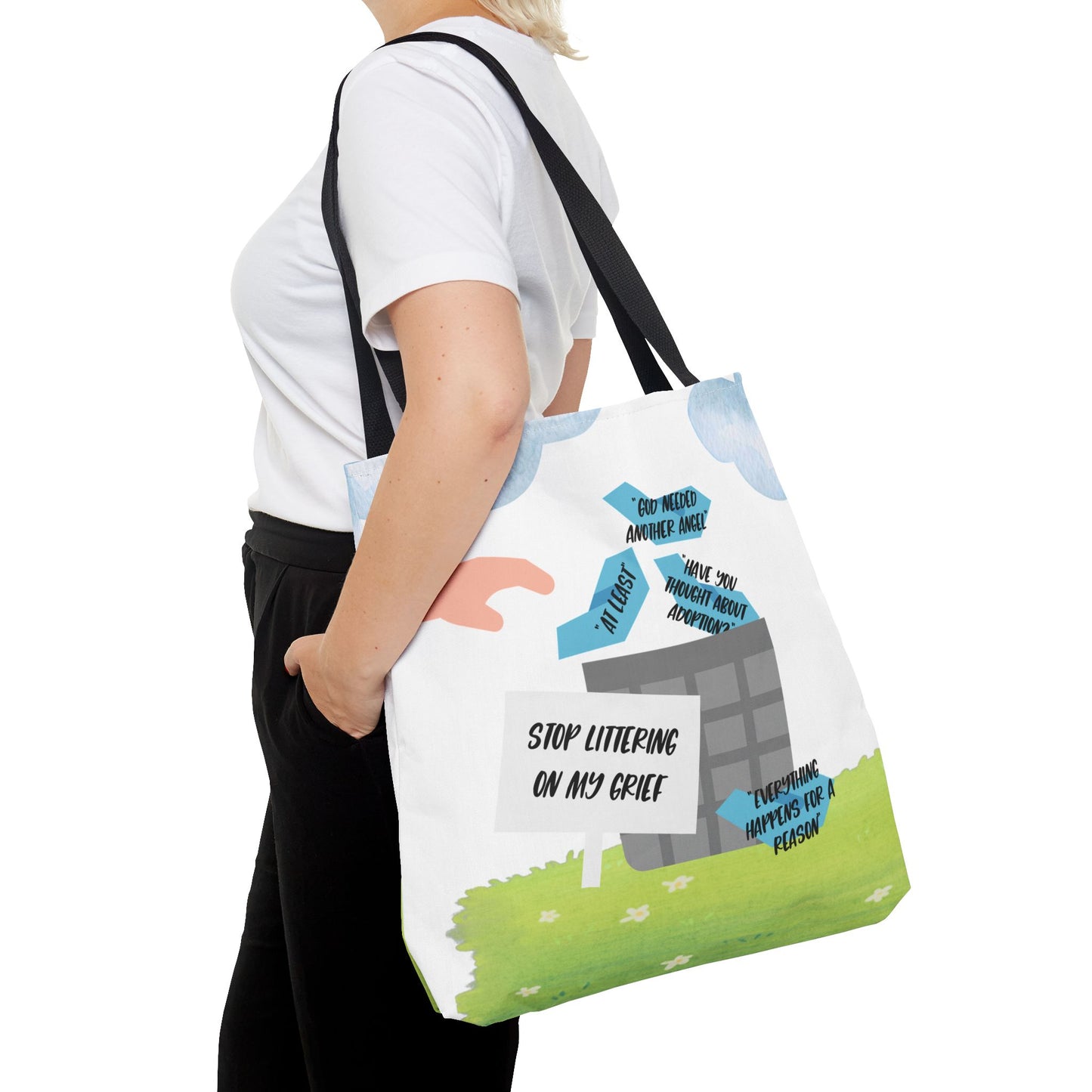 Platitudes in the Trash, Stop Littering on my Grief—Blunt, Sassy, Snarky Grief (poly tote bag)