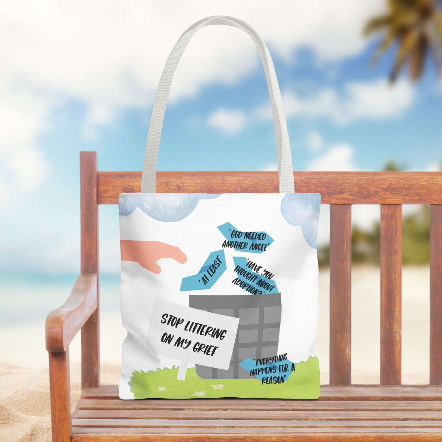 Platitudes in the Trash, Stop Littering on my Grief—Blunt, Sassy, Snarky Grief (poly tote bag)