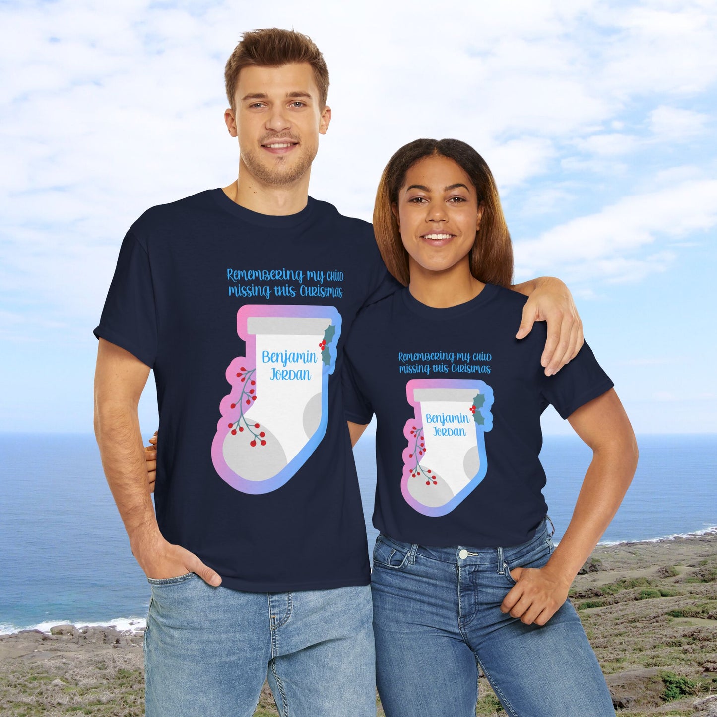 White Stocking Remembering my Child this Christmas; Personalize w/Name—Baby Loss Remembrance (unisex t-shirt)