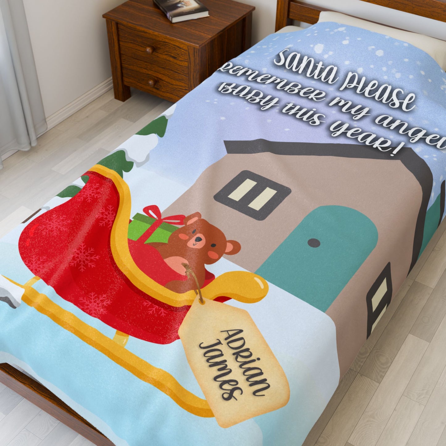 Santa please remember my angel baby w/Sleigh, Personalizable w/Name—Baby Loss Remembrance (minky velveteen blanket)
