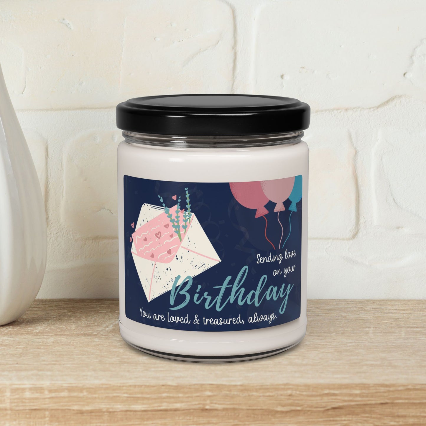 Floral Envelope w/Balloons, Sending Love on your Birthday—Memorial Baby Birthday (9 oz soy candle)