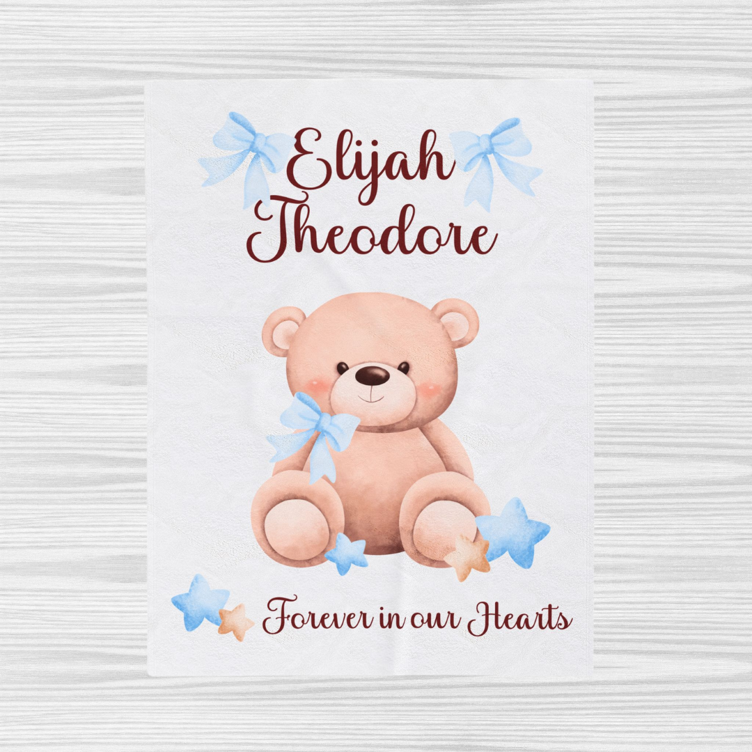 Teddy Bear Forever in our Hearts, Personalizable w/Name—Baby Loss Remembrance (minky velveteen blanket)