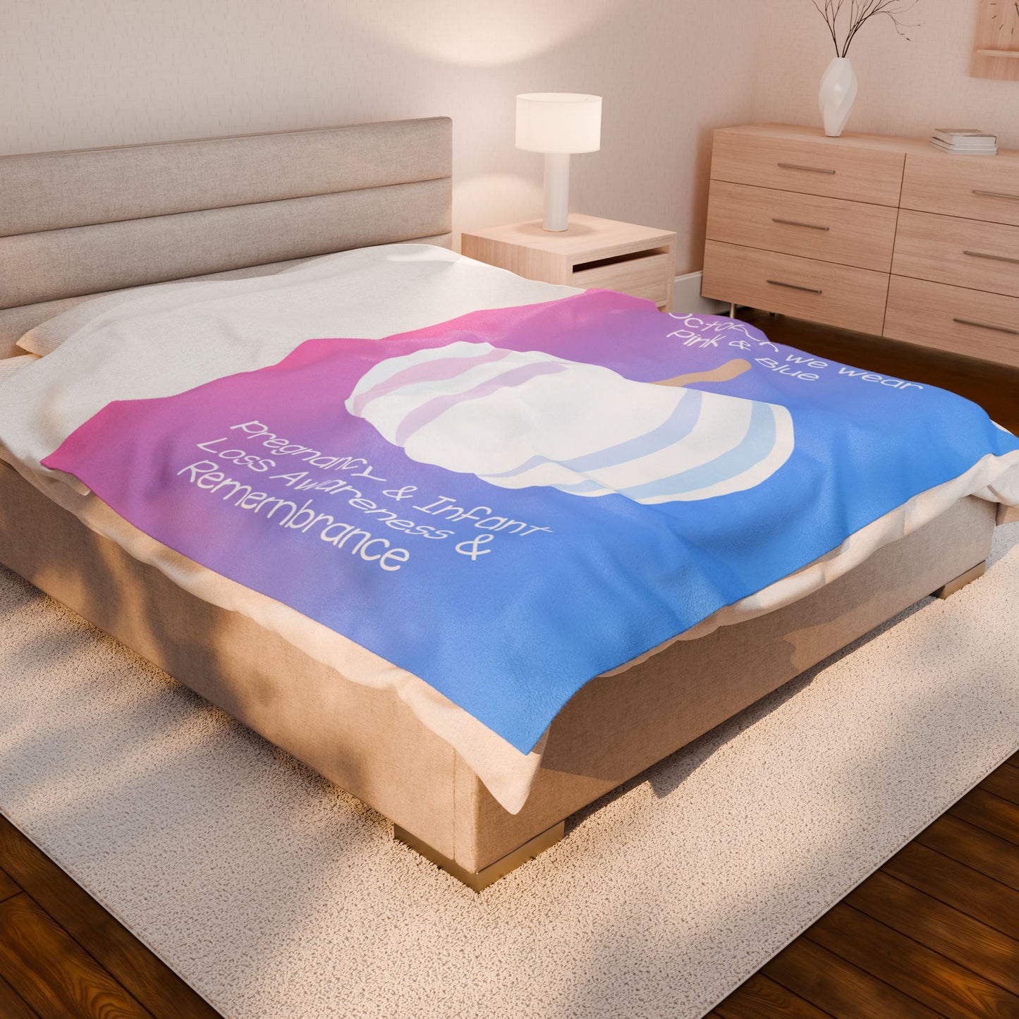 White Pumpkin In October we Wear Pink and Blue, Personalizable w/Name—Baby Loss Awareness & Remembrance (minky blanket)