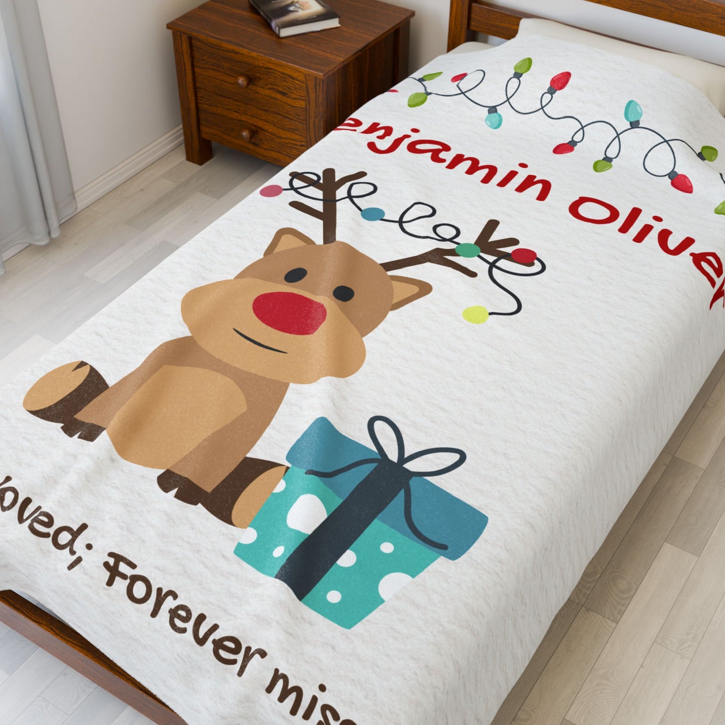 Reindeer Holidays Lights Personalizable w/Name—Baby Loss Remembrance (minky velveteen blanket)