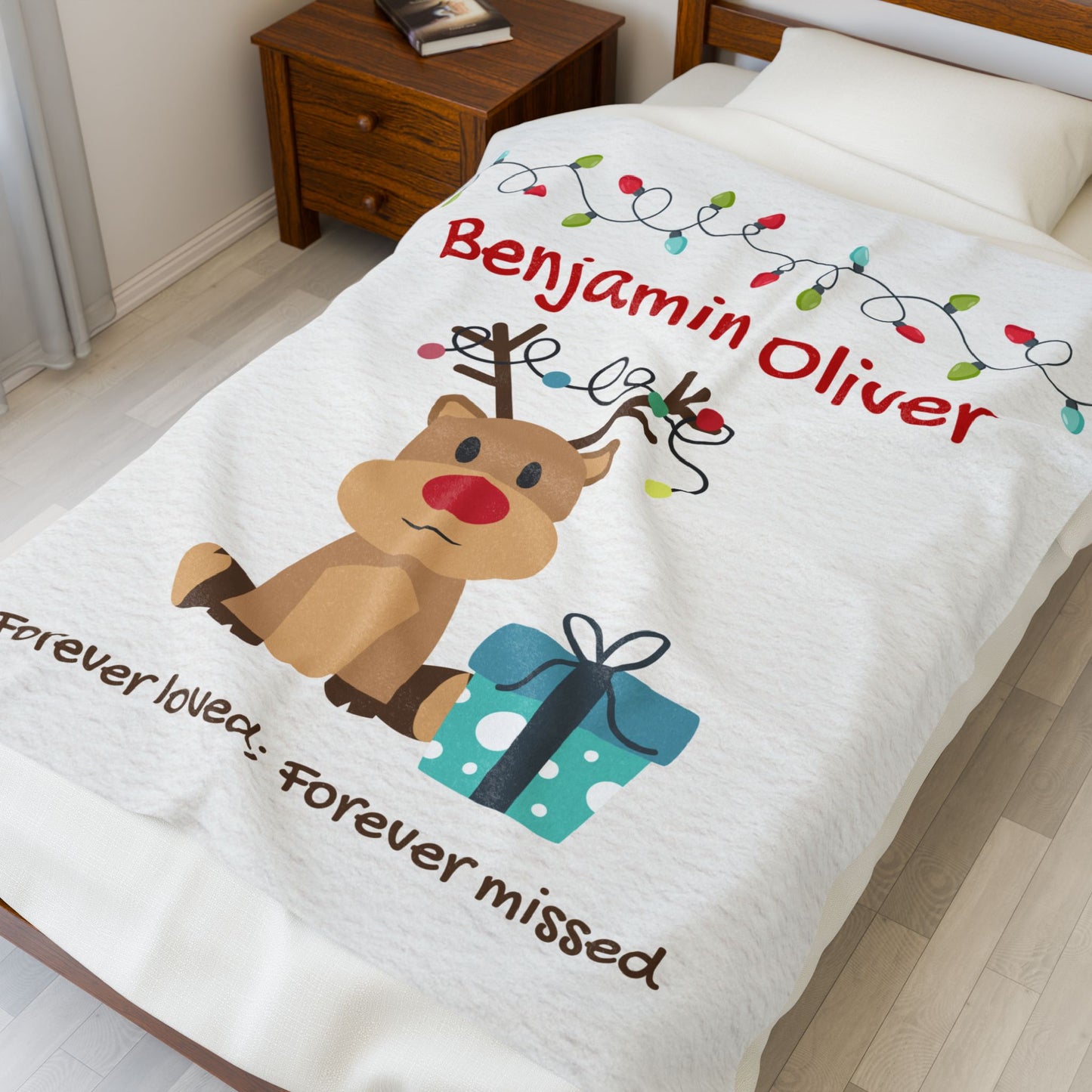 Reindeer Holidays Lights Personalizable w/Name—Baby Loss Remembrance (minky velveteen blanket)