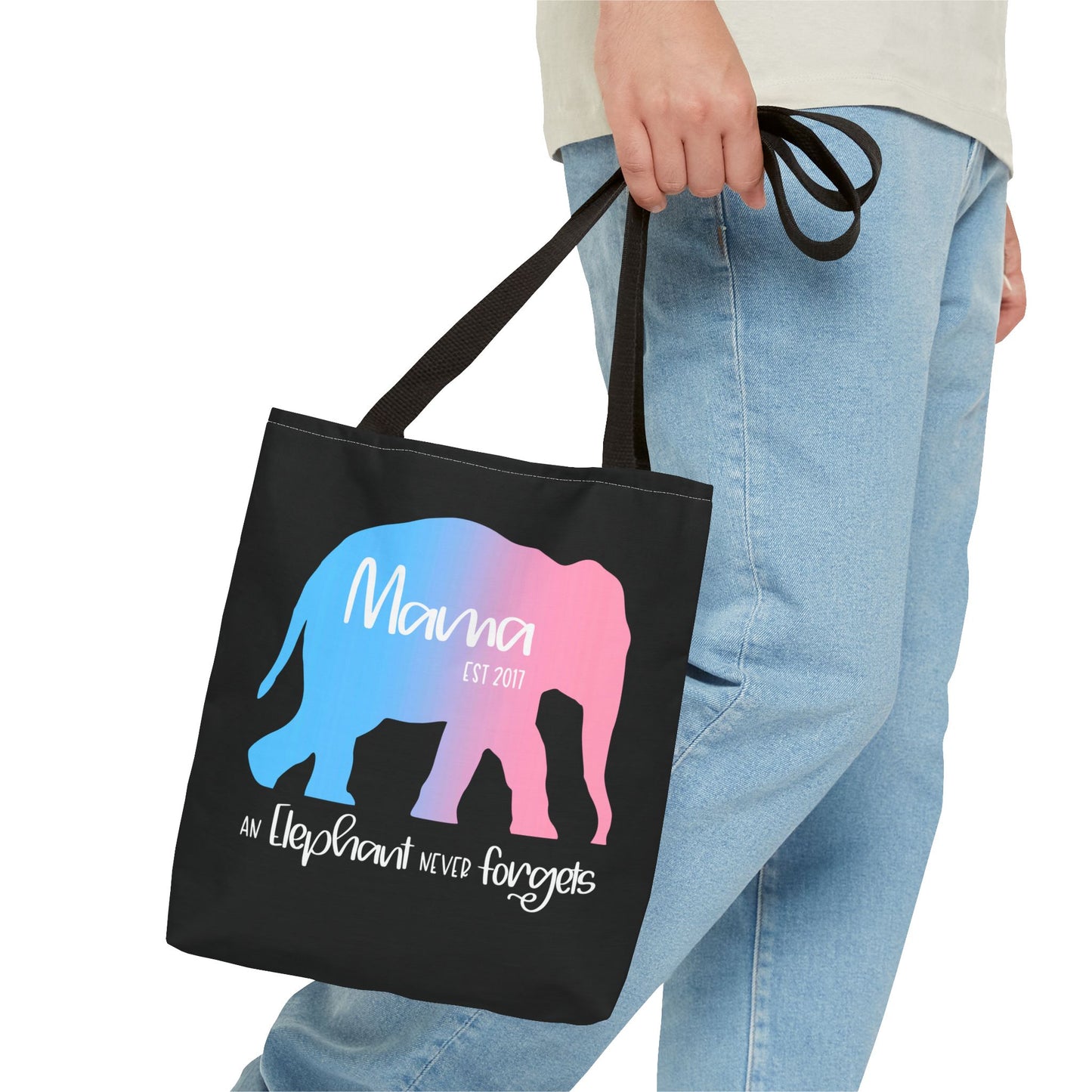 Mama/Papa Est Year Elephant Never Forgets—Baby Loss Remembrance (poly tote bag)
