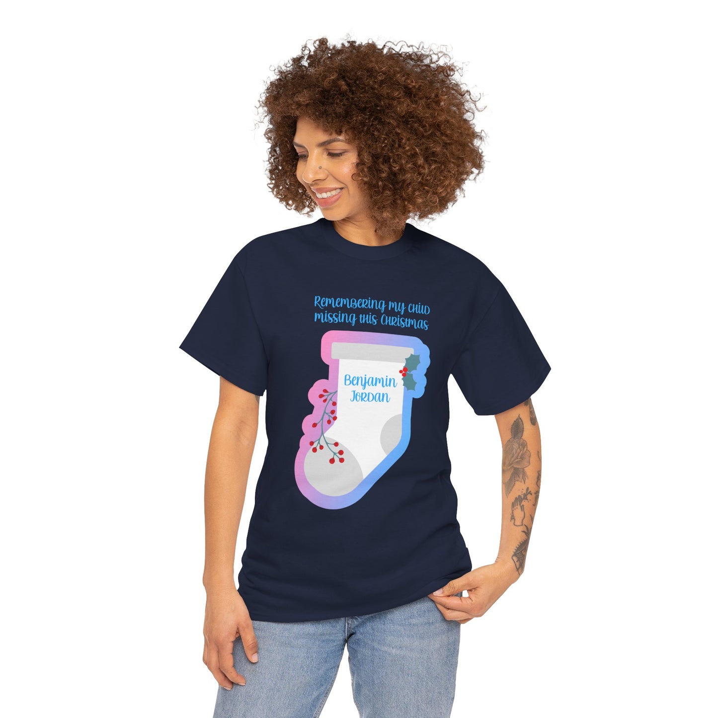 White Stocking Remembering my Child this Christmas; Personalize w/Name—Baby Loss Remembrance (unisex t-shirt)