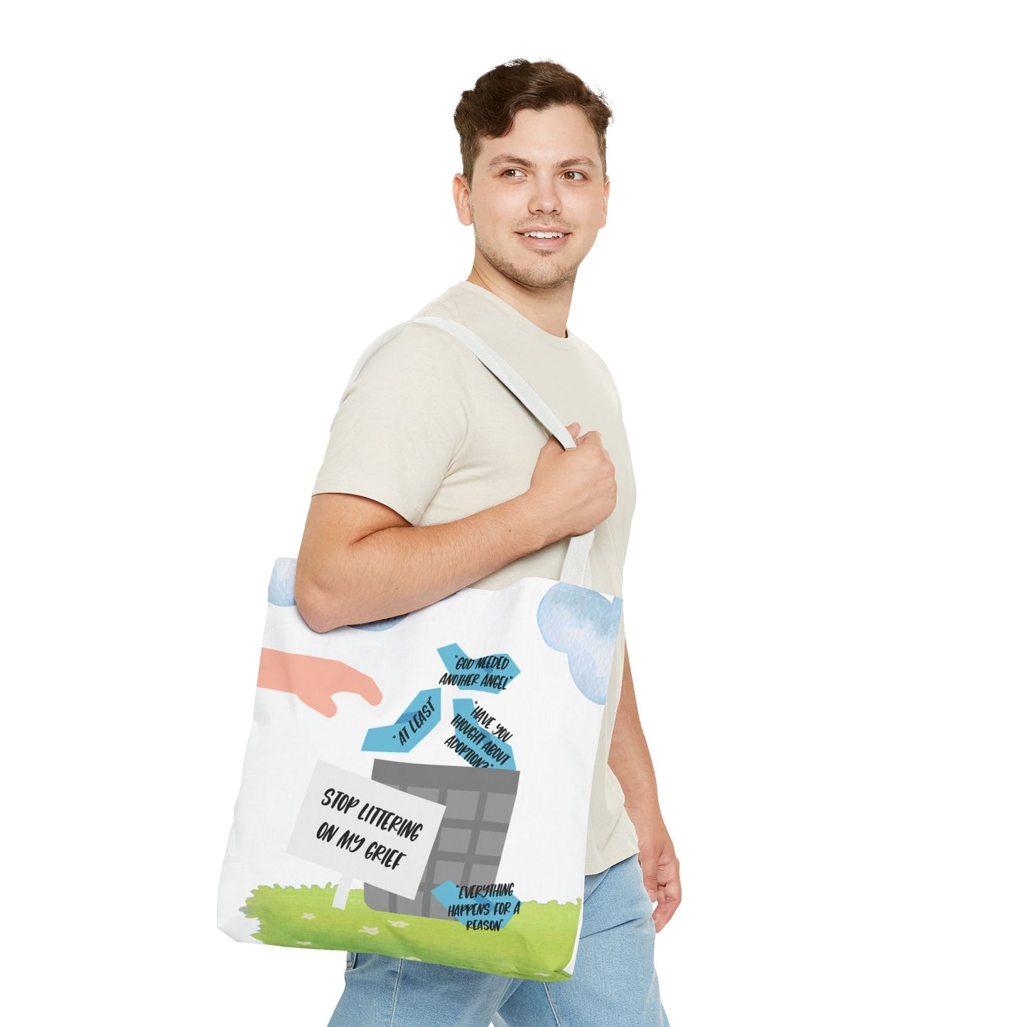 Platitudes in the Trash, Stop Littering on my Grief—Blunt, Sassy, Snarky Grief (poly tote bag)