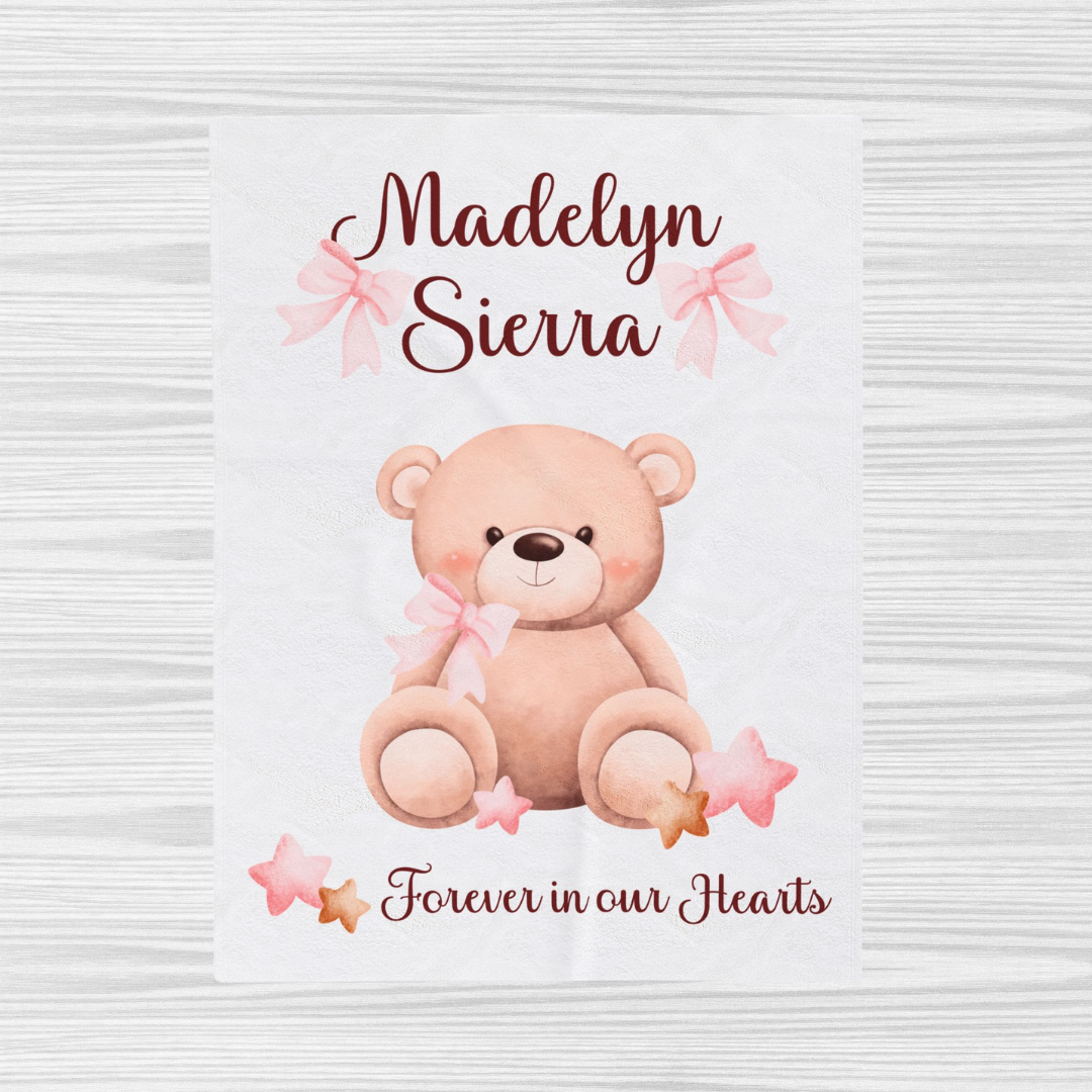 Teddy Bear Forever in our Hearts, Personalizable w/Name—Baby Loss Remembrance (minky velveteen blanket)