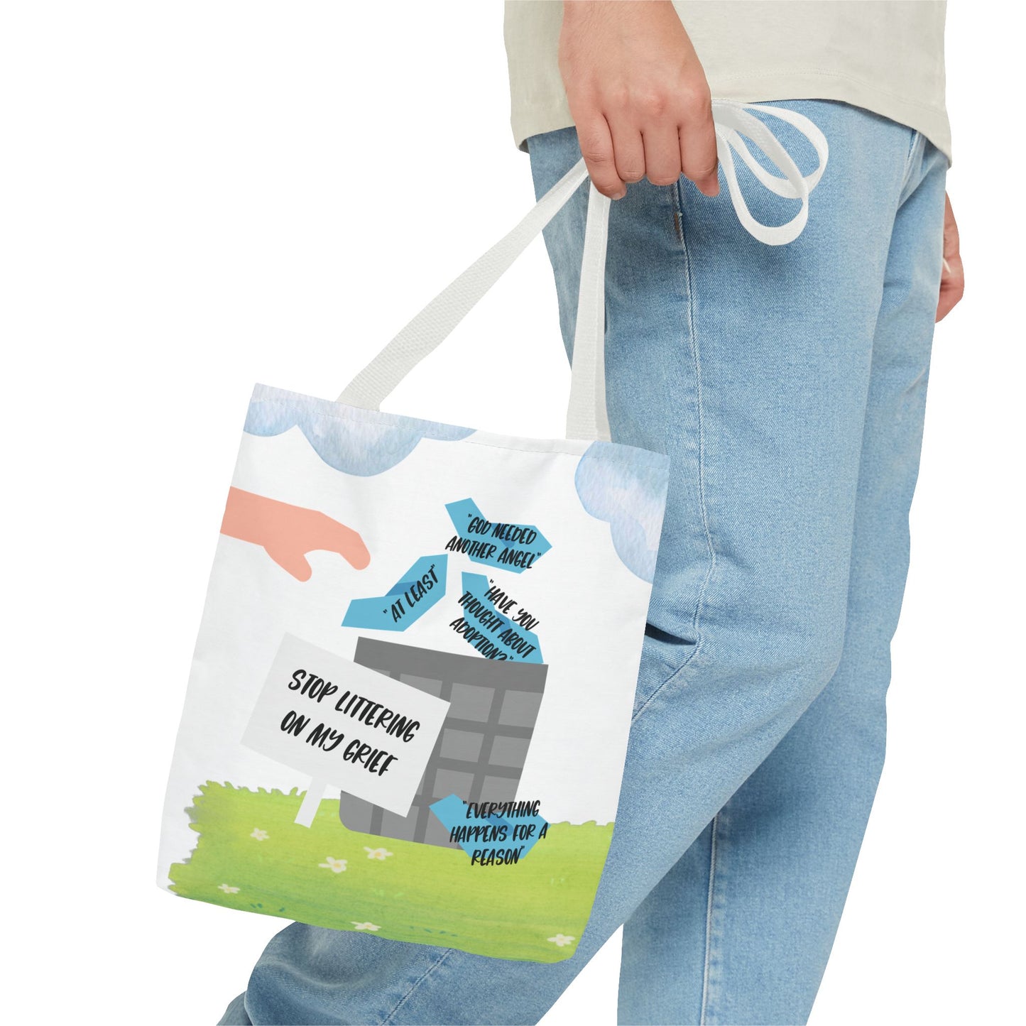 Platitudes in the Trash, Stop Littering on my Grief—Blunt, Sassy, Snarky Grief (poly tote bag)