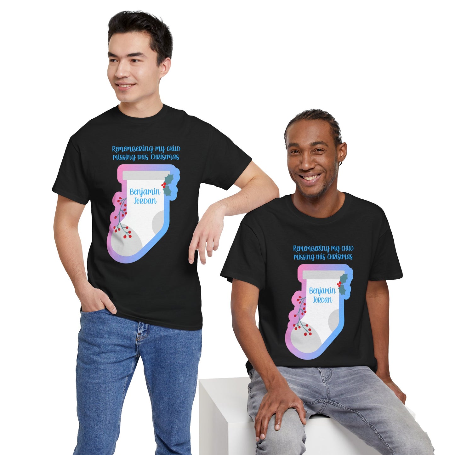 White Stocking Remembering my Child this Christmas; Personalize w/Name—Baby Loss Remembrance (unisex t-shirt)