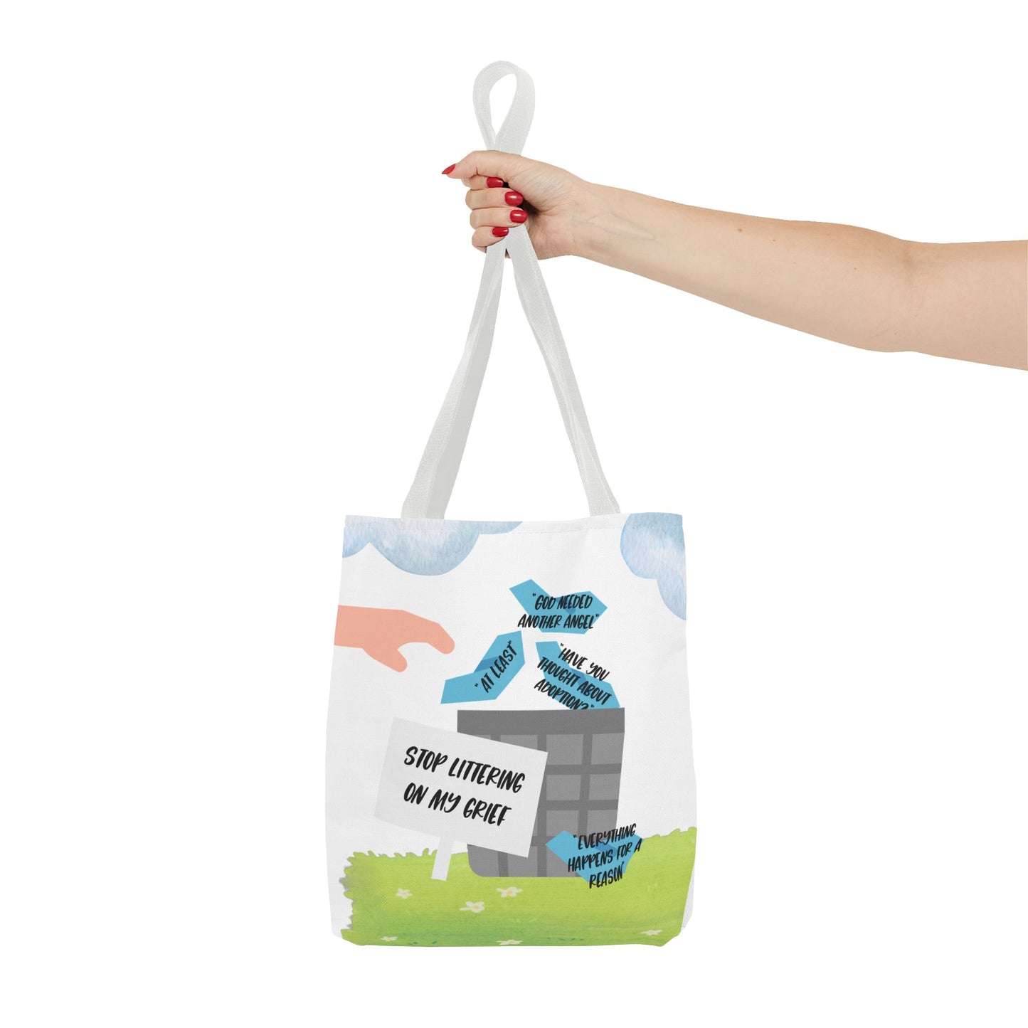Platitudes in the Trash, Stop Littering on my Grief—Blunt, Sassy, Snarky Grief (poly tote bag)