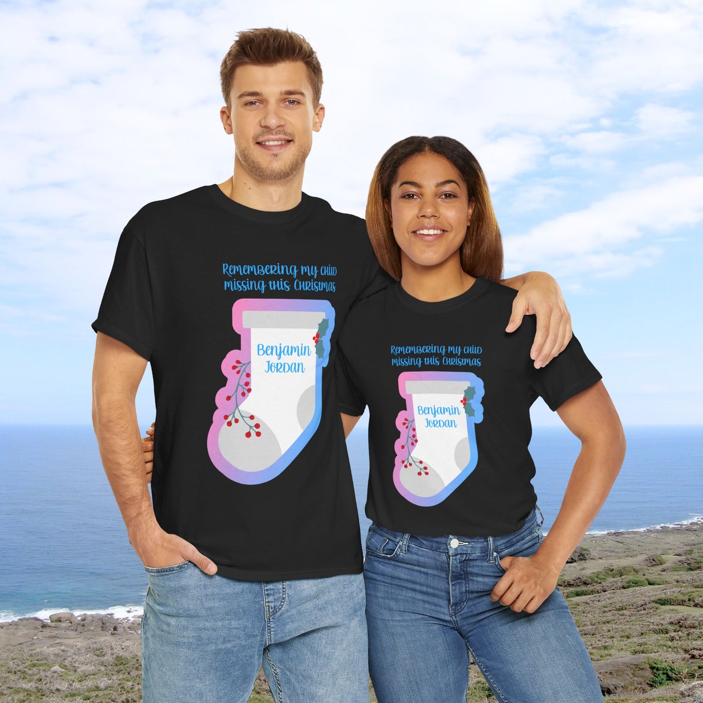 White Stocking Remembering my Child this Christmas; Personalize w/Name—Baby Loss Remembrance (unisex t-shirt)
