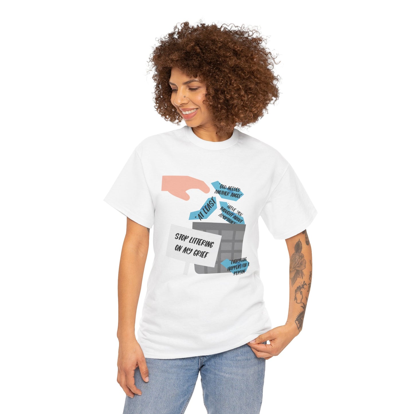Platitudes in the Trash, Stop Littering on my Grief—Grief Awareness and Education (unisex t-shirt)