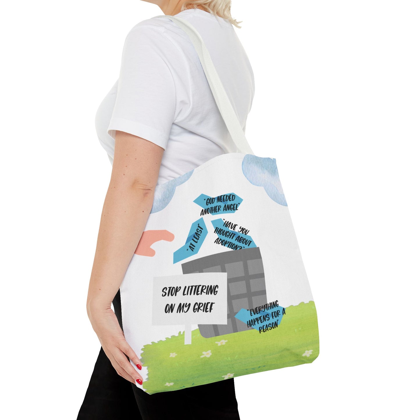 Platitudes in the Trash, Stop Littering on my Grief—Blunt, Sassy, Snarky Grief (poly tote bag)