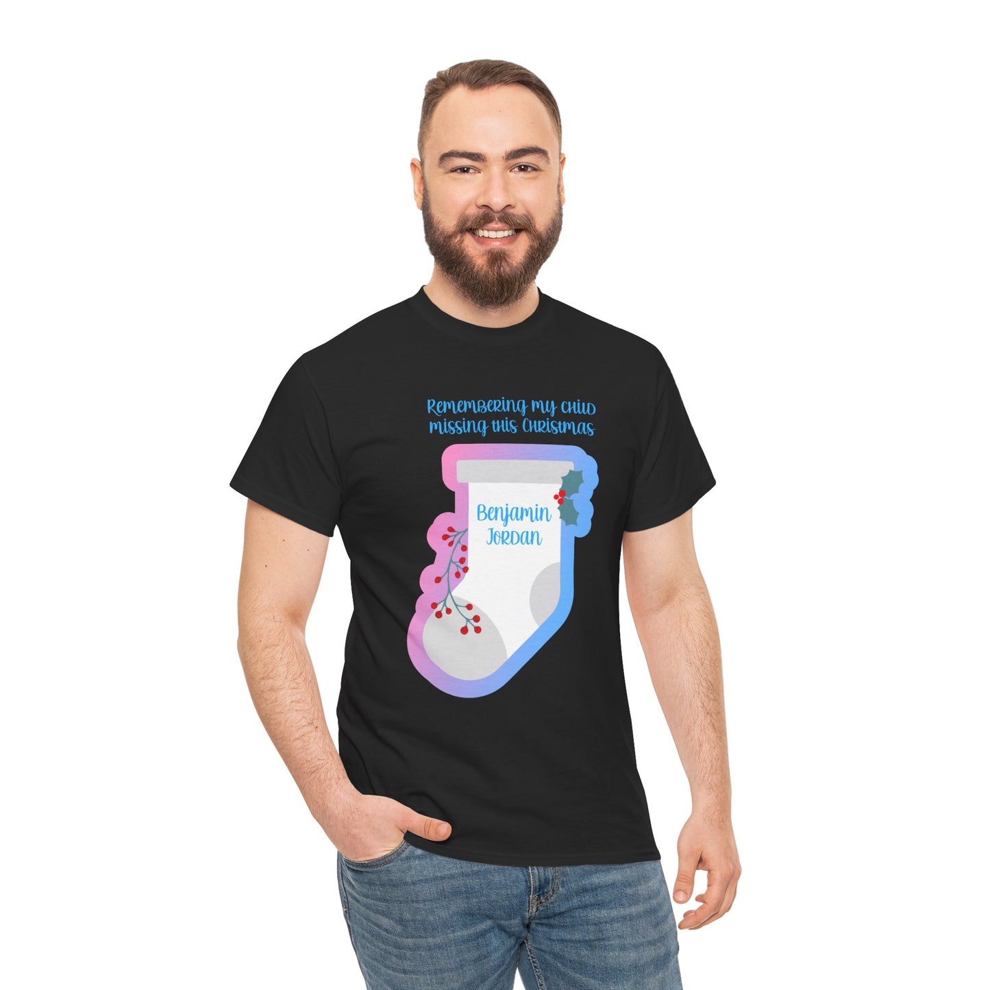 White Stocking Remembering my Child this Christmas; Personalize w/Name—Baby Loss Remembrance (unisex t-shirt)