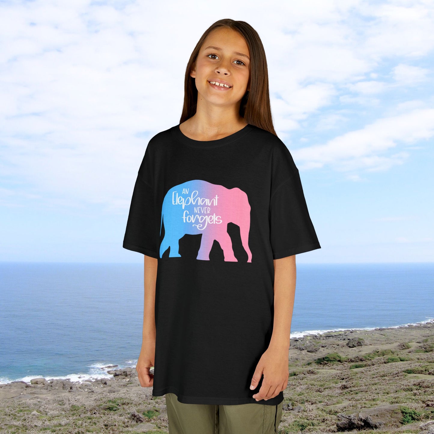 Gradient Elephant Never Forgets—Baby Loss Remembrance (unisex child's t-shirt)