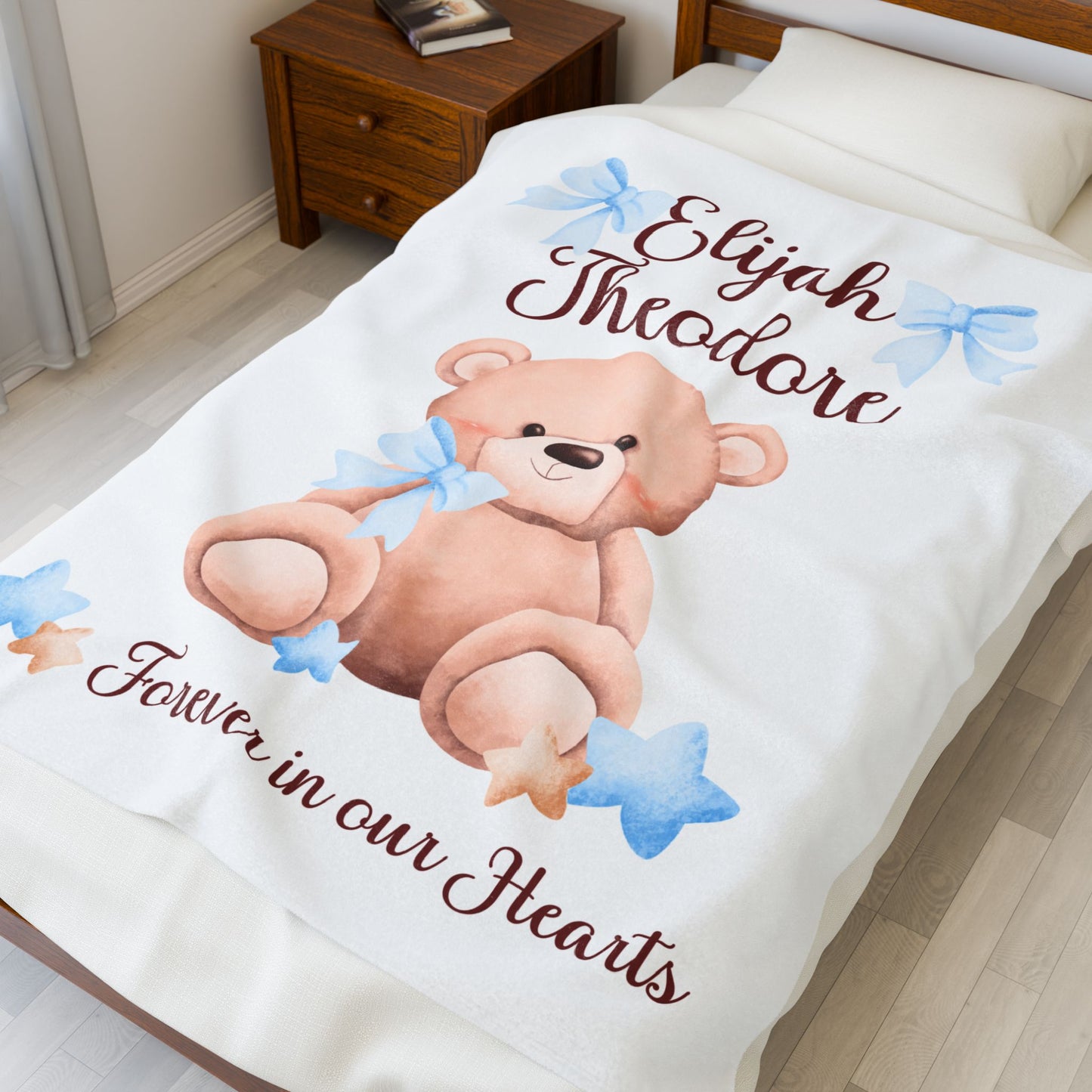 Teddy Bear Forever in our Hearts, Personalizable w/Name—Baby Loss Remembrance (minky velveteen blanket)