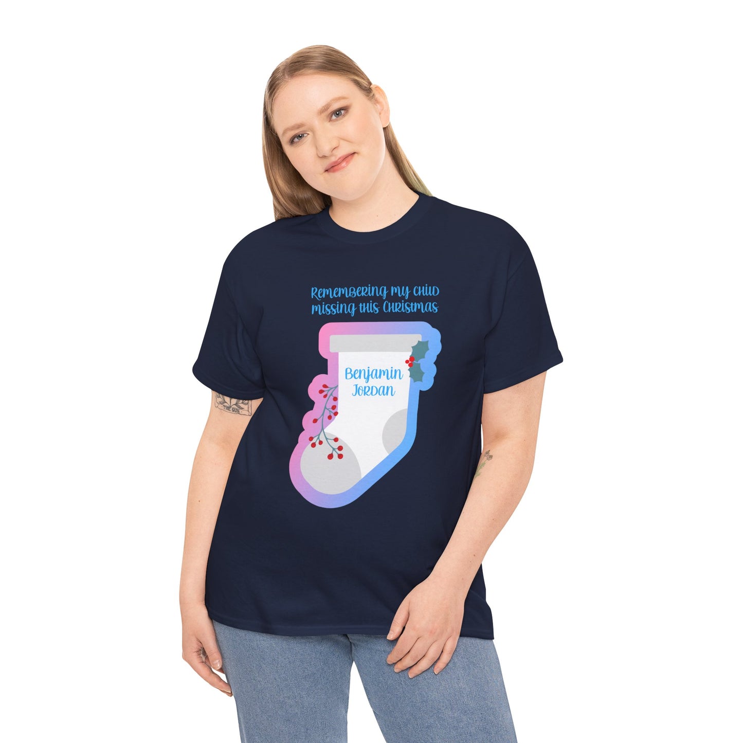 White Stocking Remembering my Child this Christmas; Personalize w/Name—Baby Loss Remembrance (unisex t-shirt)