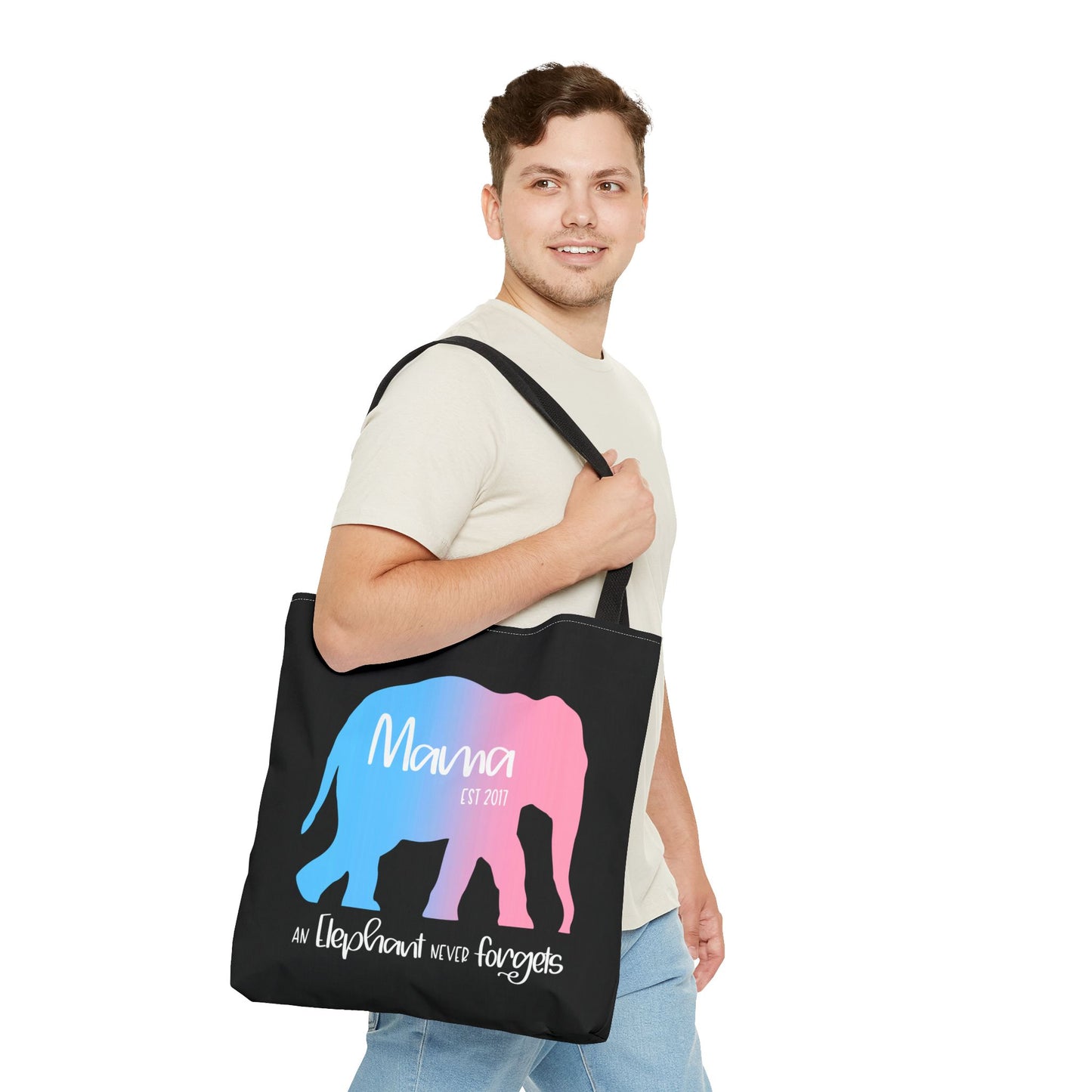 Mama/Papa Est Year Elephant Never Forgets—Baby Loss Remembrance (poly tote bag)