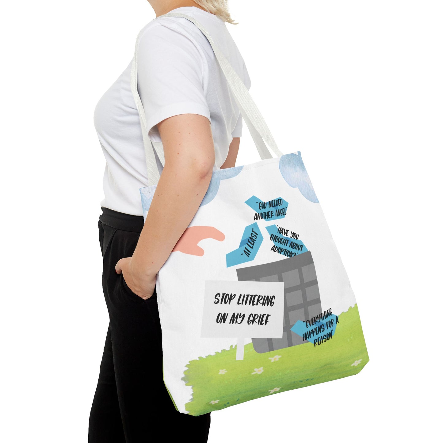 Platitudes in the Trash, Stop Littering on my Grief—Blunt, Sassy, Snarky Grief (poly tote bag)