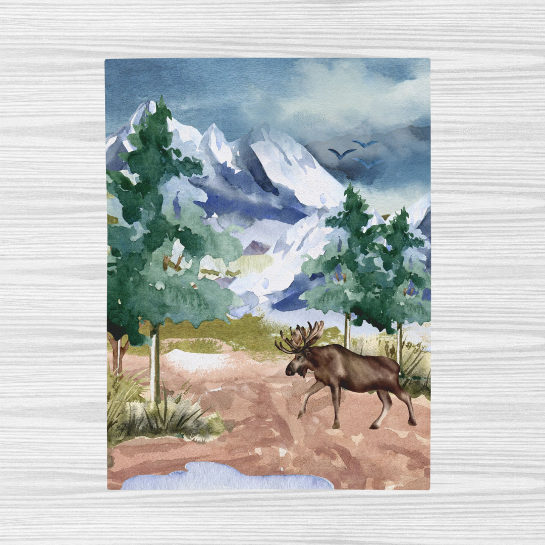 Moose in the Mountains—Nature Scenery (minky velveteen blanket)
