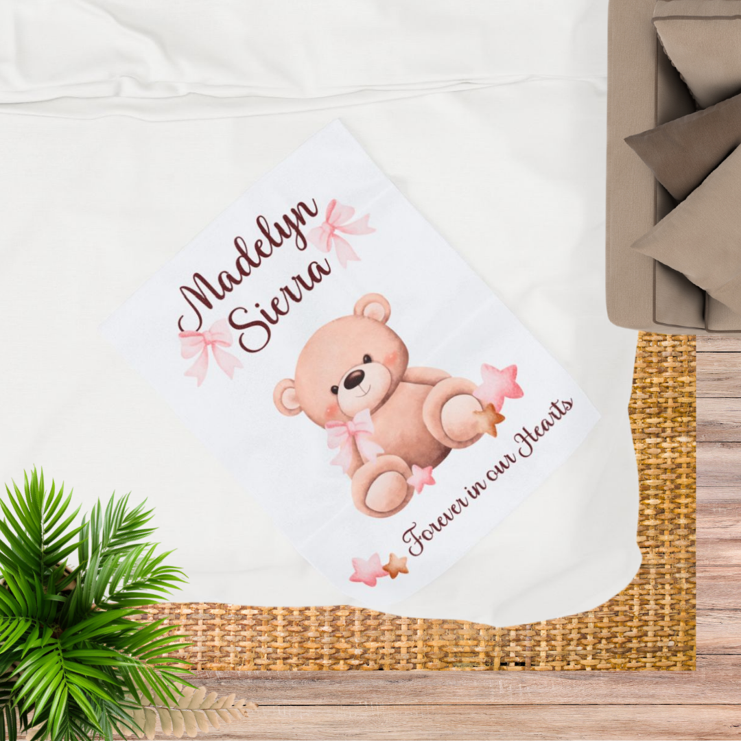 Teddy Bear Forever in our Hearts, Personalizable w/Name—Baby Loss Remembrance (minky velveteen blanket)