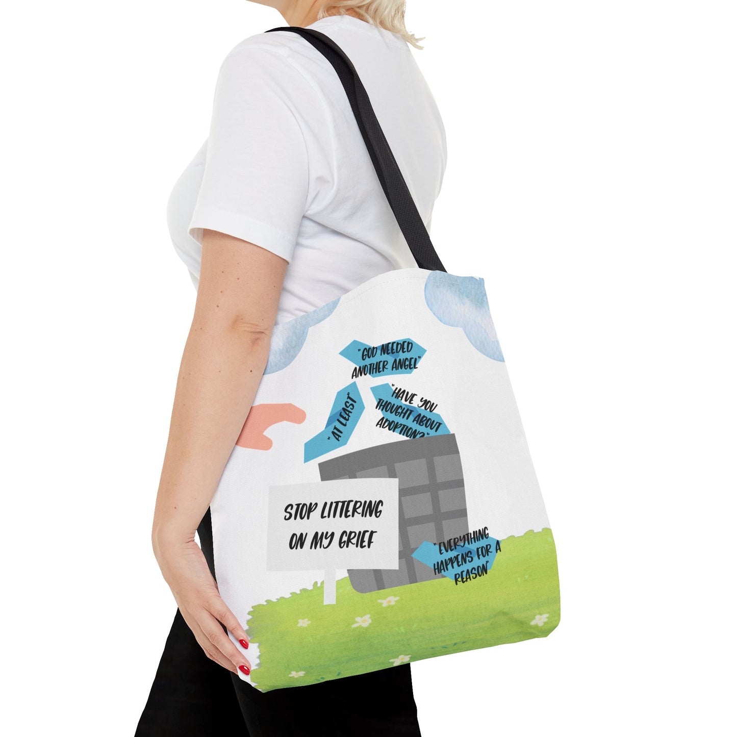 Platitudes in the Trash, Stop Littering on my Grief—Blunt, Sassy, Snarky Grief (poly tote bag)