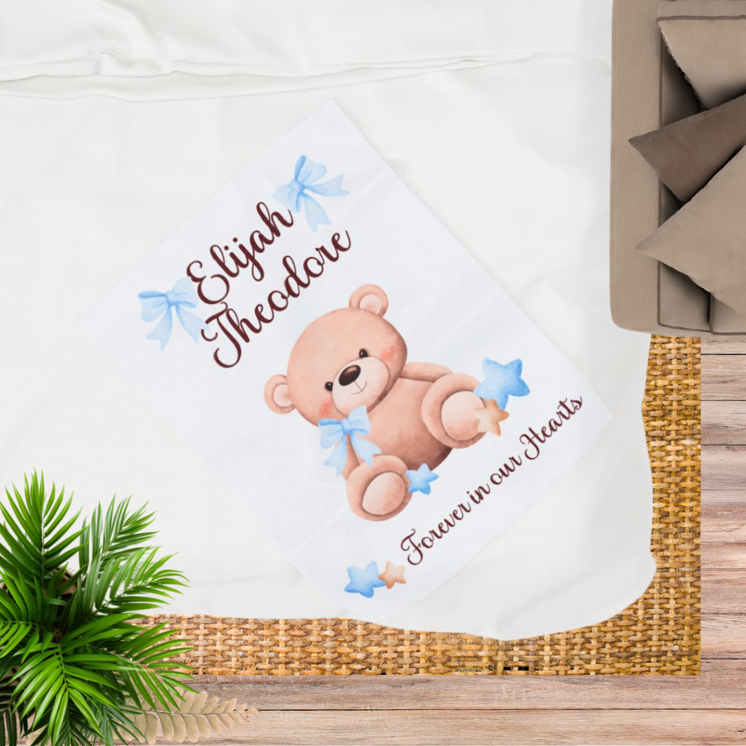 Teddy Bear Forever in our Hearts, Personalizable w/Name—Baby Loss Remembrance (minky velveteen blanket)