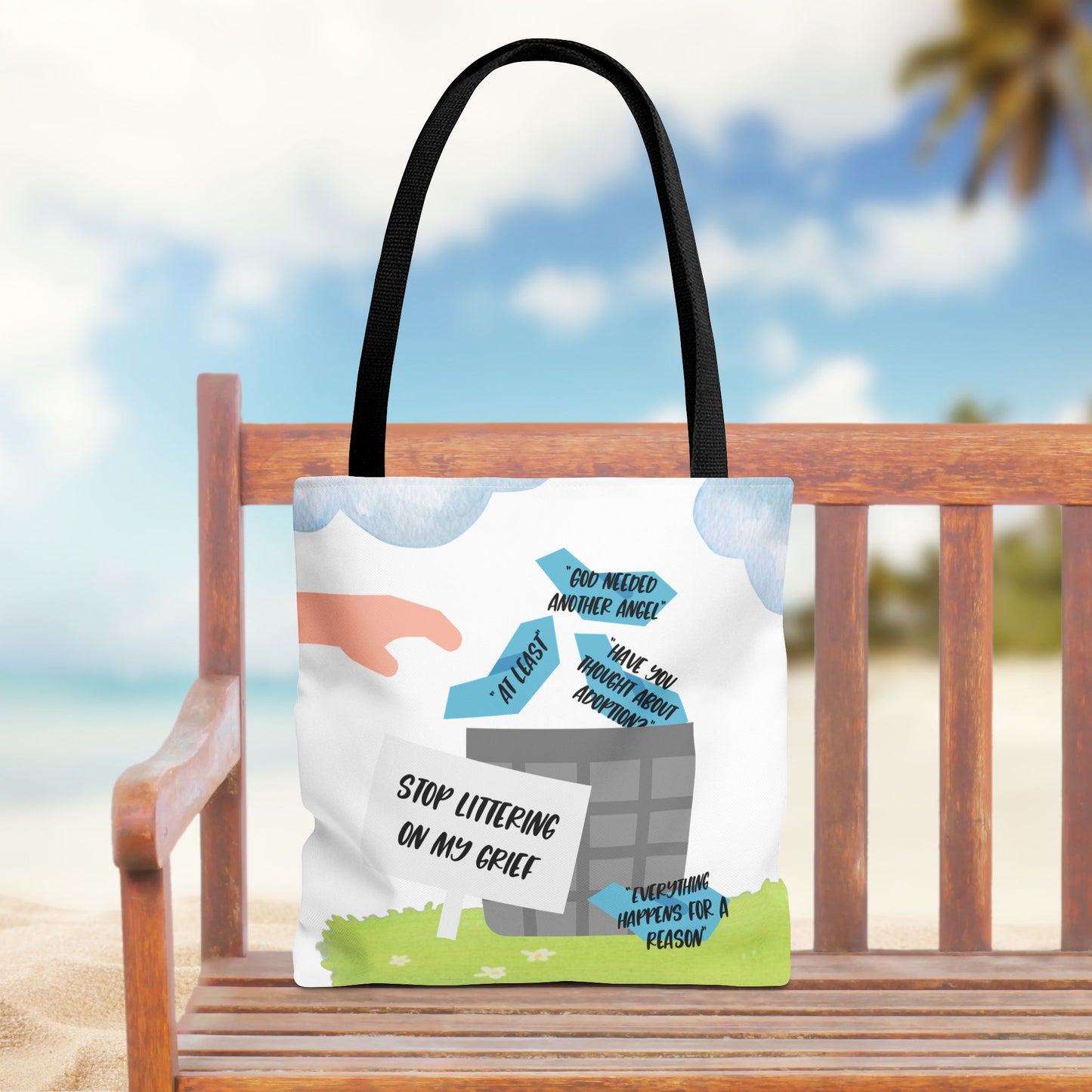 Platitudes in the Trash, Stop Littering on my Grief—Blunt, Sassy, Snarky Grief (poly tote bag)