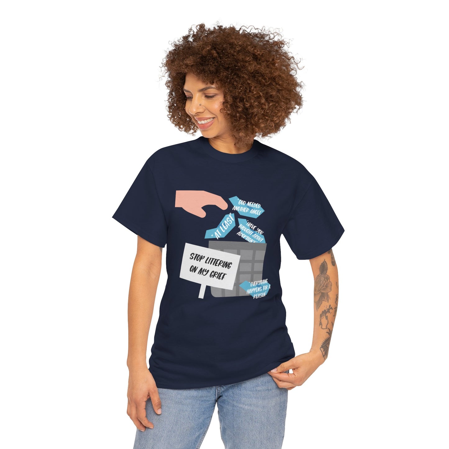 Platitudes in the Trash, Stop Littering on my Grief—Grief Awareness and Education (unisex t-shirt)