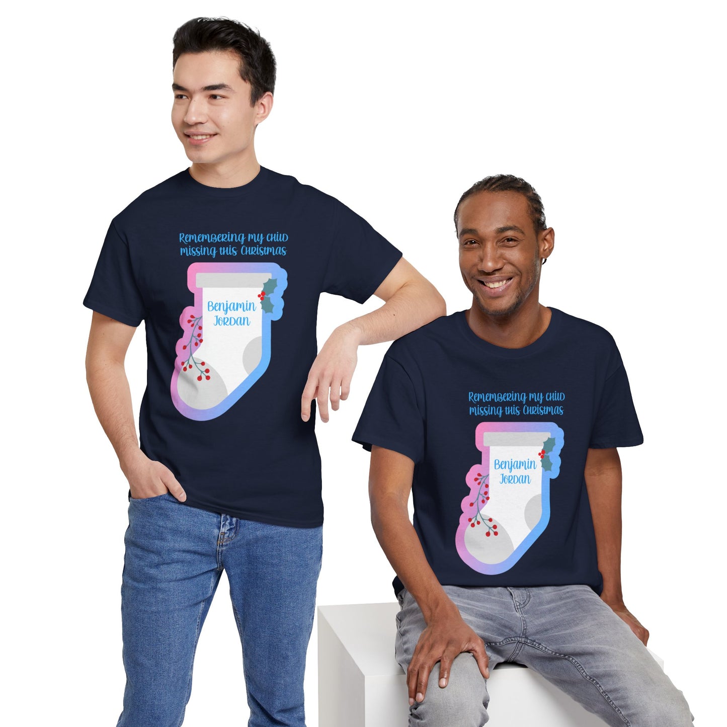 White Stocking Remembering my Child this Christmas; Personalize w/Name—Baby Loss Remembrance (unisex t-shirt)
