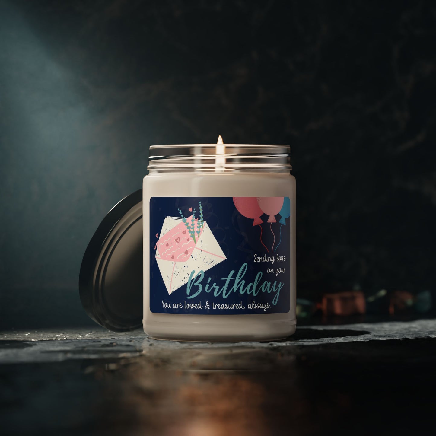 Floral Envelope w/Balloons, Sending Love on your Birthday—Memorial Baby Birthday (9 oz soy candle)