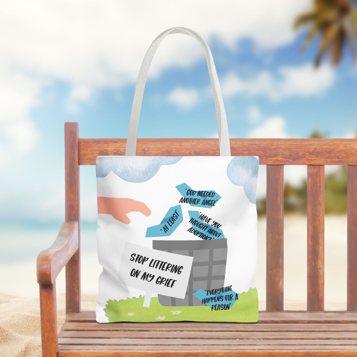 Platitudes in the Trash, Stop Littering on my Grief—Blunt, Sassy, Snarky Grief (poly tote bag)