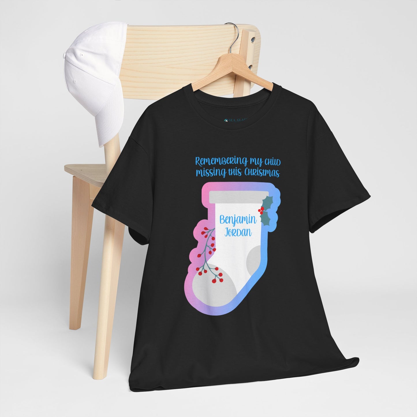 White Stocking Remembering my Child this Christmas; Personalize w/Name—Baby Loss Remembrance (unisex t-shirt)