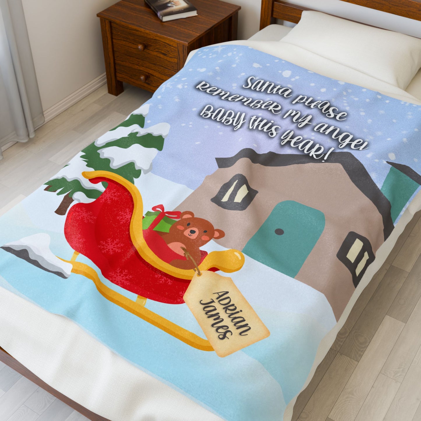 Santa please remember my angel baby w/Sleigh, Personalizable w/Name—Baby Loss Remembrance (minky velveteen blanket)