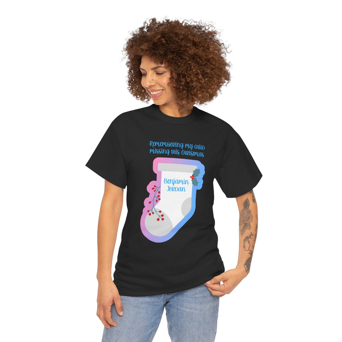White Stocking Remembering my Child this Christmas; Personalize w/Name—Baby Loss Remembrance (unisex t-shirt)