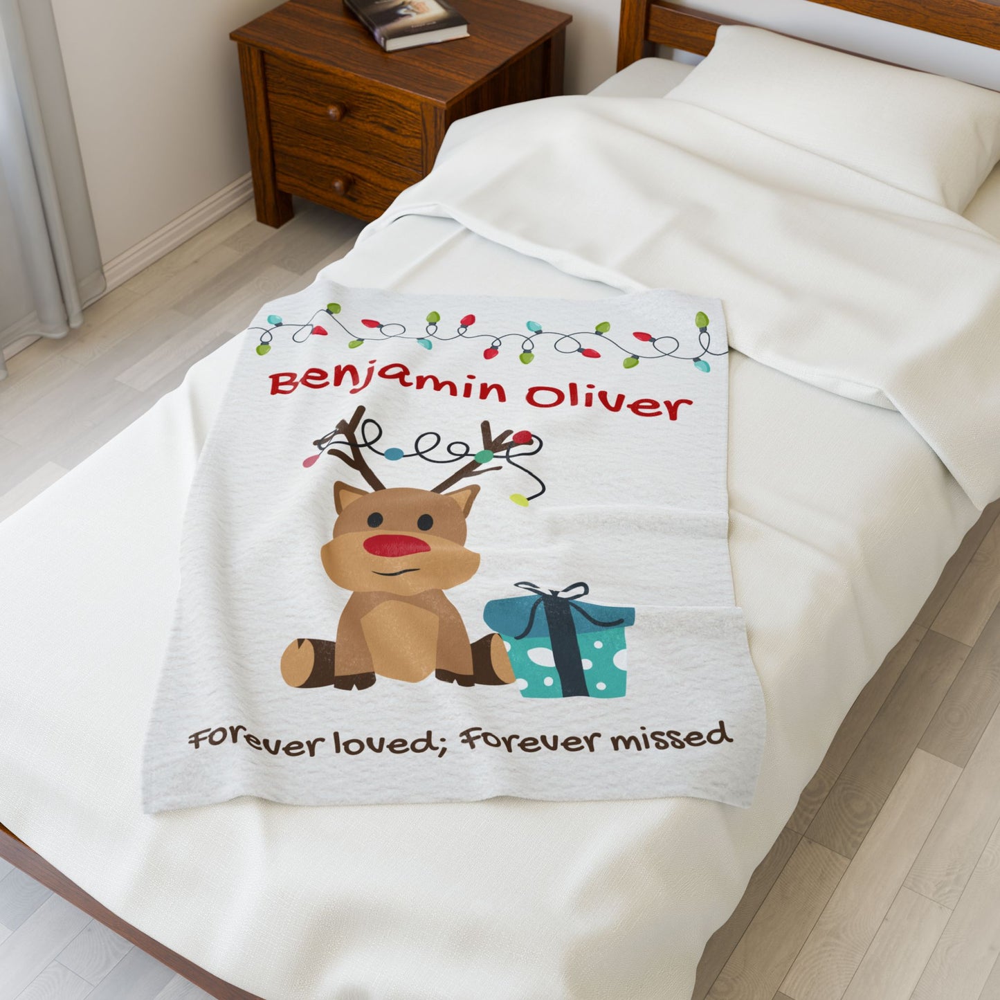 Reindeer Holidays Lights Personalizable w/Name—Baby Loss Remembrance (minky velveteen blanket)