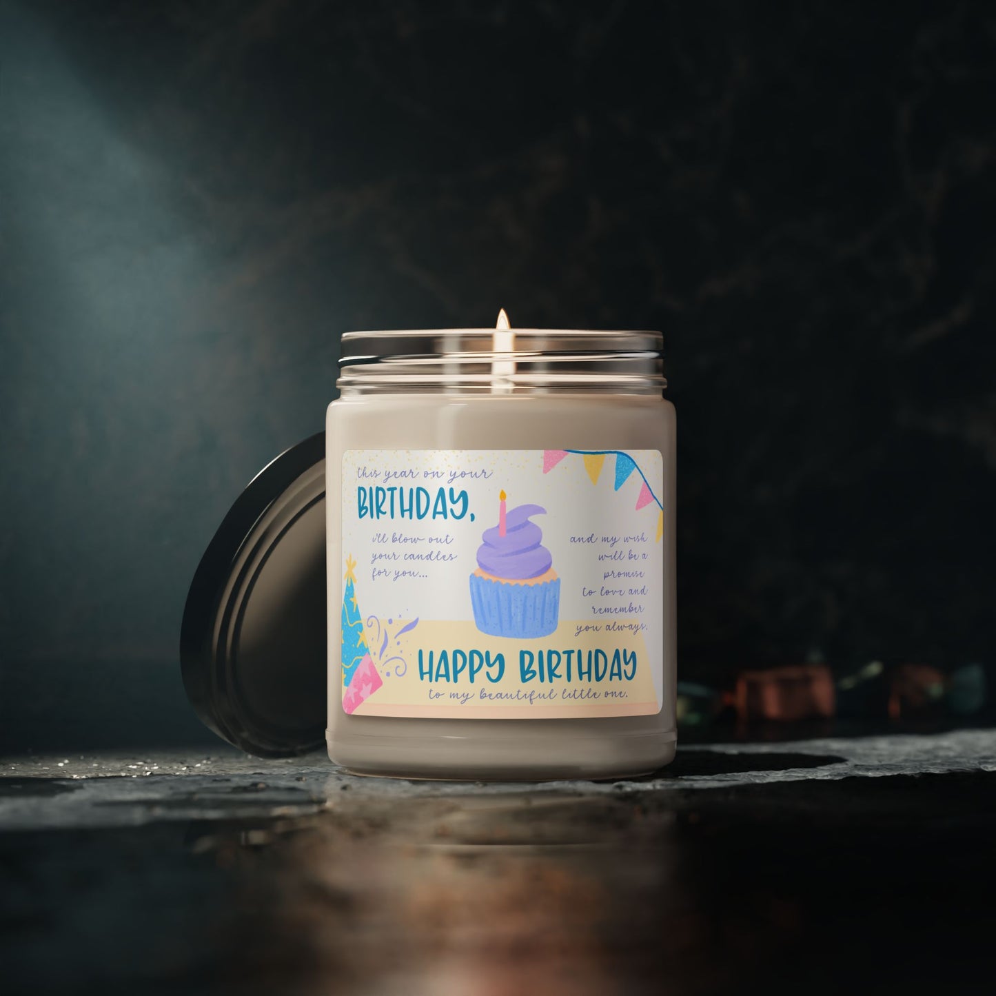 Cupcake and Streamers, This Year on Your Birthday I'll Blow out the Candles For You—Memorial Baby Birthday (9 oz soy candle)