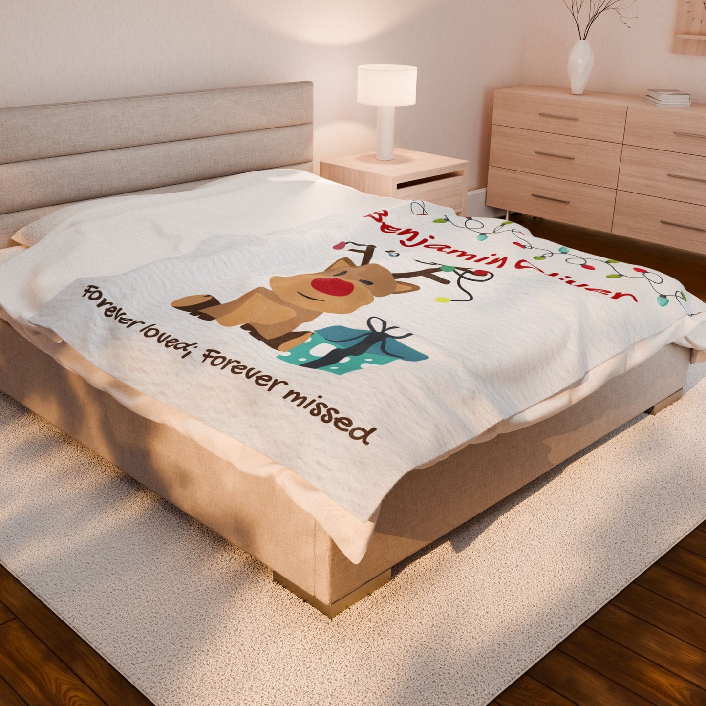 Reindeer Holidays Lights Personalizable w/Name—Baby Loss Remembrance (minky velveteen blanket)