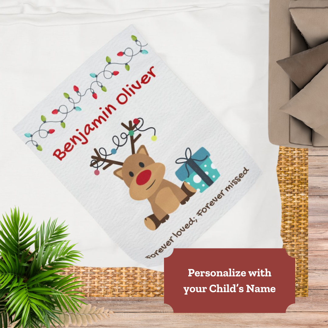 Reindeer Holidays Lights Personalizable w/Name—Baby Loss Remembrance (minky velveteen blanket)