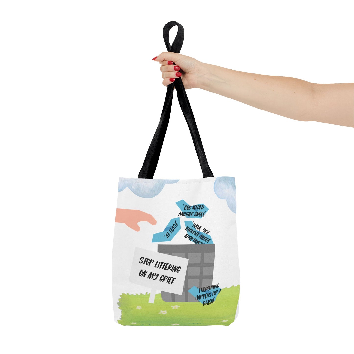 Platitudes in the Trash, Stop Littering on my Grief—Blunt, Sassy, Snarky Grief (poly tote bag)