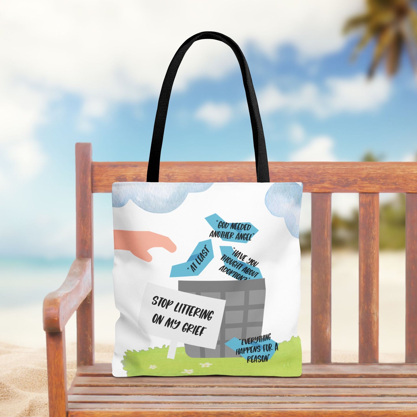 Platitudes in the Trash, Stop Littering on my Grief—Blunt, Sassy, Snarky Grief (poly tote bag)